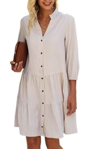 CCTOO Women’s Summer Dresses Casual V Neck Button Down 3/4 Sleeve Floral Print Loose Flowy Shirt Dress Beige X-Large