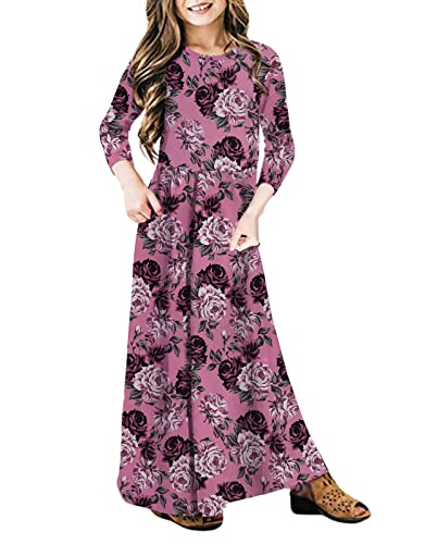 21KIDS Girls Maxi Dress Kids Floral Casual 3/4 Long Sleeve Dresses with Pockets, Purple, 10 Years