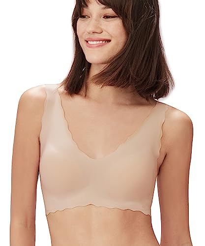 Ubras Women's OneSize Wireless Seamless Fixed Pad Vest Bras Deep V Wavy Edge Sexy Comfort (Nude)