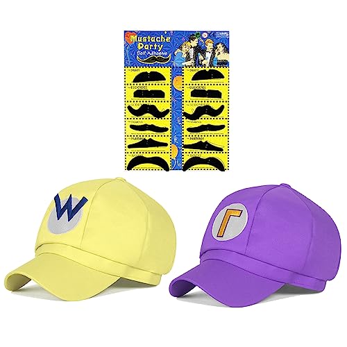 JOYINGLE Mario Bros Luigi Adult Hat Cap Costume Cosplay Halloween Baseball Anime Unisex Role Play Hat (Purple and Yellow) 2Pcs