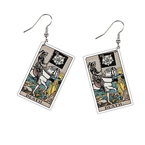 Lightweight Double-Sided Retro Tarot Card Dangle Earrings Multi-style Colorful Tarot Fortune Acrylic Hook Earrings Astrology Divination Amulet Drop Earrings for Women Teens Jewelry(DEATH)