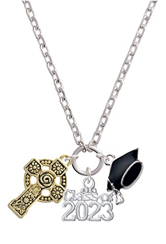 Delight Jewelry Goldtone Large Celtic Cross Silvertone Class of 2023 Graduation Zoey Necklace, 28'