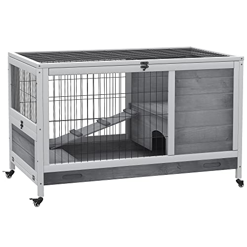 PawHut Wooden Rabbit Hutch Indoor Elevated Cage Habitat with No Leak Tray Enclosed Run with Wheels, Ideal for Rabbits and Guinea Pigs, Grey