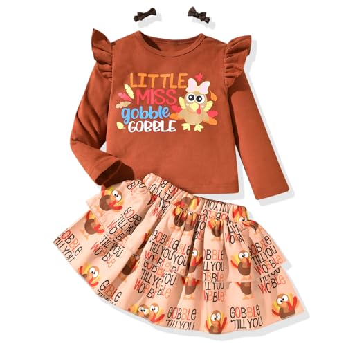 HIHA 4-5T Toddler Girls Thanksgiving Outfit Little Miss Gobble Thanksgiving Skirt Set Brown Turkey Pattern Long Sleeve Ruffle Shirt Wobble Turkey Skirt Clothes