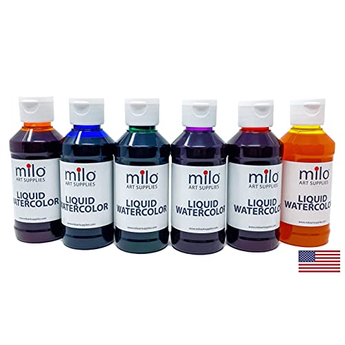 milo Liquid Watercolor Paint Set of 6 Colors | 4 oz Bottles | Washable, Safe and Non-Toxic | Made in the USA | Art & Craft Paints for Kids, School Supplies Painting Set for Children | Easy to Pour Fluid Bottles