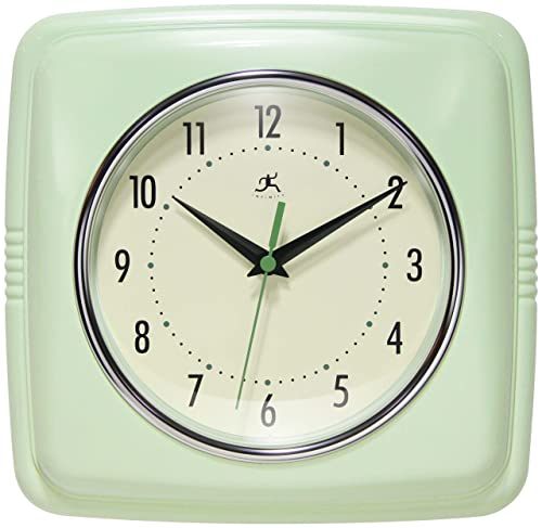 Infinity Instruments Square Silent Retro 9 inch Mid Century Modern Kitchen Diner Retro Wall Clock Quartz Sweep Movement (Meadow Mist)