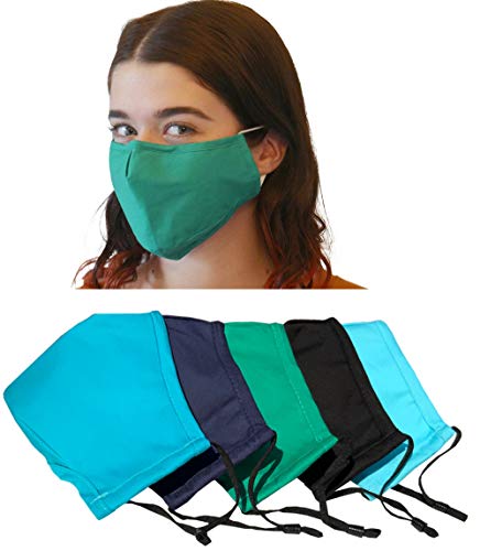 Xchime Cloth Face Mask,Made in USA,Washable Reusable,breathable with Adjustable Ear Loops, Nose Wire and Filter Pocket, 3-layer Cotton fabrics, for teen girls, boys, men or women 5-Pack