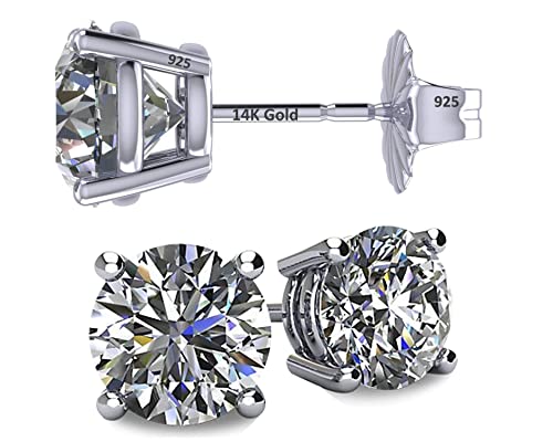 Central Diamond Center 14K Solid Gold Post & Sterling Silver 4 Prong CZ Stud Earrings - Platinum Plated - 5.25mm - 1.00cttw