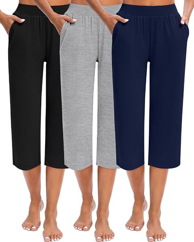 Locoowai 3 Pack Women's Capri Pants Capri Joggers Loose Cropped Workout Sweatpants Running Lounge Pants with Pockets (Black, Light Gray, Navy Blue,Large)
