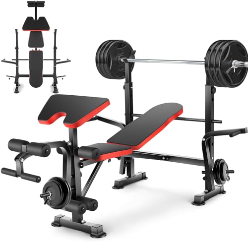 600lbs Adjustable Olympic Weight Bench Set with Preacher Curl & Leg Developer, Lifting Press Multifunctional Workout Station Incline Bench Press Full Body Workout