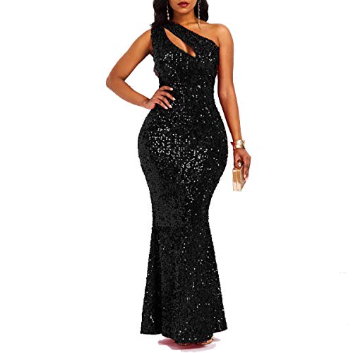VERWIN Sequins Fashion Sleeveless Oblique Collar Mermaid Women's Maxi Dress Bodycon Dress Party Dress L Black