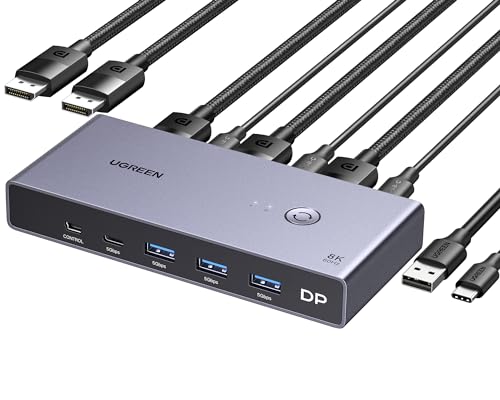 UGREEN 8K Displayport KVM Switch DP 1.4 with 4 USB 3.0 Ports (3 USB-A + 1 USB-C) Support 8K@60Hz 4K@240Hz Share 1 Monitor Keyboard Mouse USB C Hard Drive Printer, with 2 DP Cables, 2 USB A to C Cables
