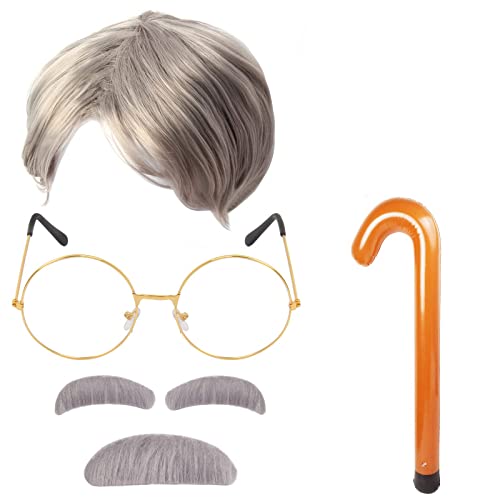 Yewong Old Man Costume Grandpa Accessories Set Old Man Wig and Glasses Inflatable Walking Moustache and Eyebrows for Old Grandpa Cosplay (Set A)