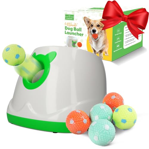 Automatic Dog Ball Launcher Dog Fetch Machine for Small to Medium Sized Dogs,3 Launch Distances, Ball Launcher for Dogs with 6 Latex Balls, Dual Power Supply, Ball Thrower for Dogs