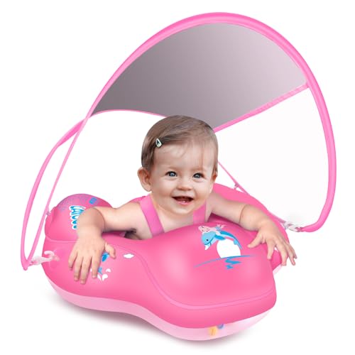 LAYCOL Baby Swimming Float Inflatable Baby Pool Float Ring Newest with Sun Protection Canopy,add Tail no flip Over for Age of 3-36 Months