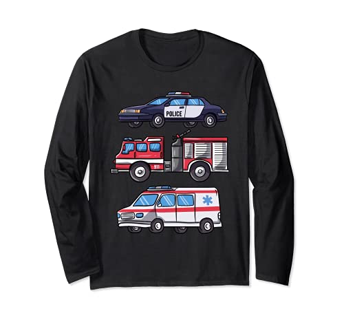 Emergency Vehicles Gift for Boys Police & Fire Truck Long Sleeve T-Shirt