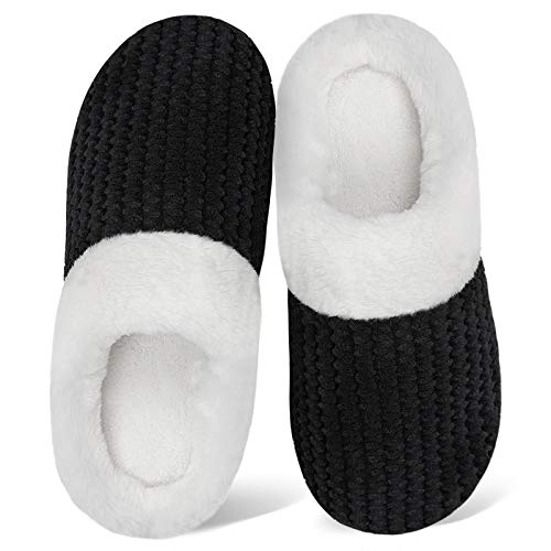 WateLves Women's Slippers Comfort Memory Foam Coral Fleece Slippers Plush Lining House Shoes for Indoor & Outdoor (Black, M)
