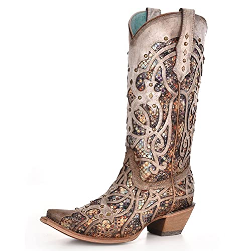 Corral Boots Women's Full-Grain Leather Orix Brown with Glitter Inlay and Studs Snip Toe Western Boots, Taupe, 8
