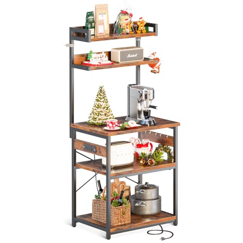 ODK Bakers Rack with Power Outlet, Coffee Bar with Storage 5-Tiers, Microwave Stand Kitchen Rack 16.5 * 23.6 * 59 inches, Kitchen Shelf, Rustic Brown