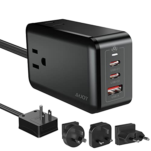 AiJoy Gan Charger,65W USB C Charger with 4 International Travel Adapter,5Ft Extension Cord with Multiple Outlets Wall Charger, Fast Charger Compatible with MacBook,iPad,iPhone,Samsung,Steam Deck