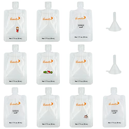 HOMEFOX 10 Pack Toiletry Refillable Empty Squeeze Pouch 1.7 oz, 50 ml Travel Size TSA approved Clear Container Bag Leak Proof for Lotion Cream Liquid Soap Mouthwash