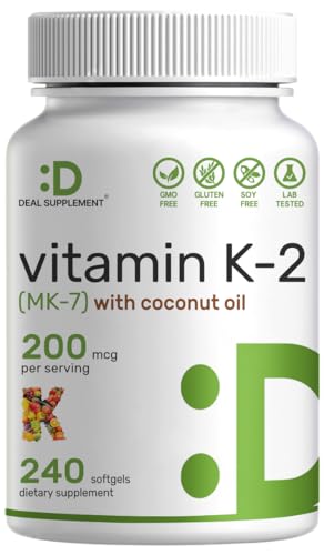 Vitamin K2 (MK-7) 200mcg, 240 Virgin Coconut Oil Softgels | Premium Menaquinone-7 Form, Easily Absorbed Vitamin K Supplement – Bone, Joint, & Immune Support – Non-GMO
