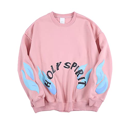 Arnodefrance Men Holy Sweatshirts Hip Hop Flame Graphic Printing Pullover Sunday Letter Oversize Long Sleeve Sweatshirt Pink