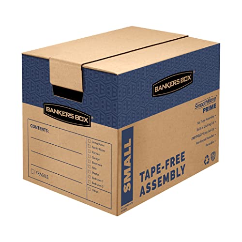 Bankers Box 10 Pack Small Prime Moving Boxes, Tape-Free FastFold with Reinforced Handles and Attached Locking Lid