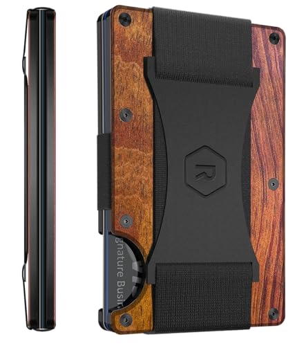 The Ridge Minimalist Slim Wallet For Men - RFID Blocking Front Pocket Credit Card Holder - Metal Wallet For Men With Cash Strap (Mopane)