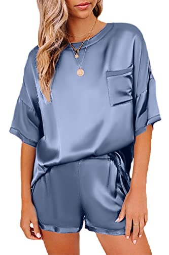 CHYRII Women Satin Short Sleeve Sleepwear Two Piece Lounge Pajamas Blue Haze M