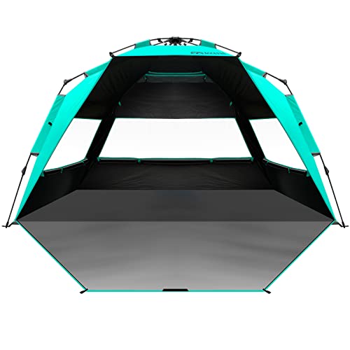 OutdoorMaster Beach Tent with Blackout Shelter Technology, Portable Sun Shade Shelter 4 Person, Pop Up Beach Tents with UPF 50+ UV Protection, 9.5mm Thick Pole, 3 Ventilating Mesh Windows -Green