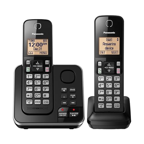 Panasonic Expandable Cordless Phone System with Answering Machine, Amber Backlit Display and Call Block - 2 Handsets – KX-TGC362B (Black)