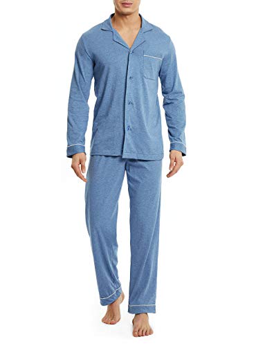 DAVID ARCHY Mens Cotton Sleepwear Pajamas Set Long Sleeve, Button-Down with Pockets, Fly Loungewear for Men Top & Pants Set (L, Heather Navy Blue)