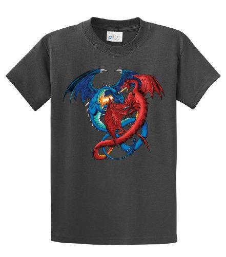 Dragon Red and Blue Dragons Fighting Fantasy Mythical Mother Draco Fire Breathing Serpent -Charcoal-Medium