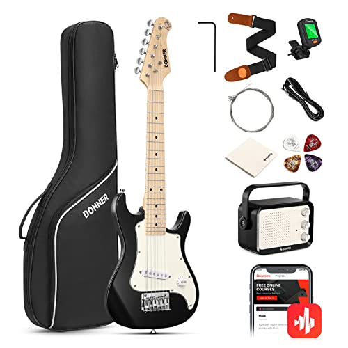 Donner 30 Inch Kids Electric Guitar Beginner Kits ST Style Mini Electric Guitar for Boys Girls with Amp, 600D Bag, Tuner, Picks, Cable, Strap, Extra Strings, DSJ-100, Black
