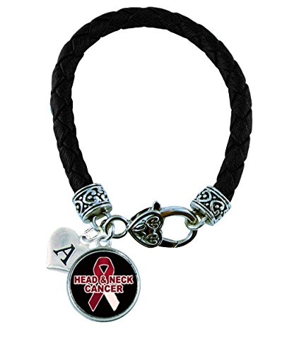 Holly Road Custom Head and Neck Cancer Throat Awareness Ribbon Black Leather Bracelet Gift Jewelry Choose Initial