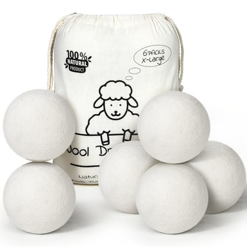 Wool Dryer Balls - X-Large 6-Pack Premium Natural Fabric Softener - Reduces Clothing Wrinkles and Saves Drying Time - Wool Balls Replaces Dryer Sheets - Laundry Balls for Dryer