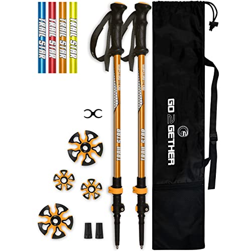 G2 Trekking Hiking Poles Telescopic/Aluminum Alloy/Comfort BMM Handle/Auto-Adjustable Strap/Quick Flip Lock/Snow Baskets Attached (Pack of 2 Poles), Orange