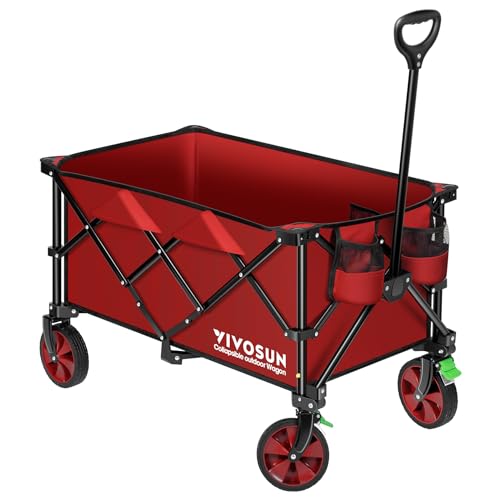 VIVOSUN Heavy Duty Folding Collapsible Wagon Utility Outdoor Camping Cart with Universal Wheels & Adjustable Handle, Red