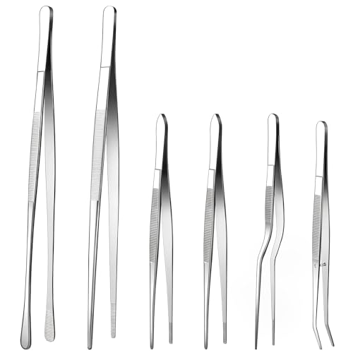 Fine Tweezer Tongs, 6pcs Cooking Tweezers, 12'' and 6.3' Stainless Steel Food Tweezers, Professional Kitchen Long Tweezer with Round and Curved Tips for Baking(6pcs, 12'+6.3')