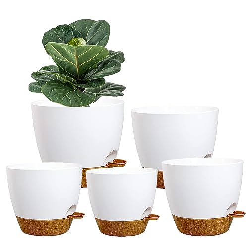 SE SUN-E 5Pack Self Watering Plant Pots for Lazy People, 7/6.5/6/5.5/5 Inch,White Plastic Self Watering Planter for All Houseplants,Succulent, African Violets, Flowers and Cactus