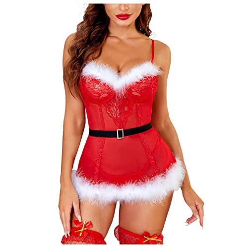 Women Christmas Lingerie Dress Fuzzy Velvet Santa Babydoll Sexy Sleeveless Bel Jumpsuits Fall Winter Warm Soft Lounge Pajamas Womens Fuzzy Sherpa Fleece Pajamas Set Adult Womens Onesie Pajamas Fleece