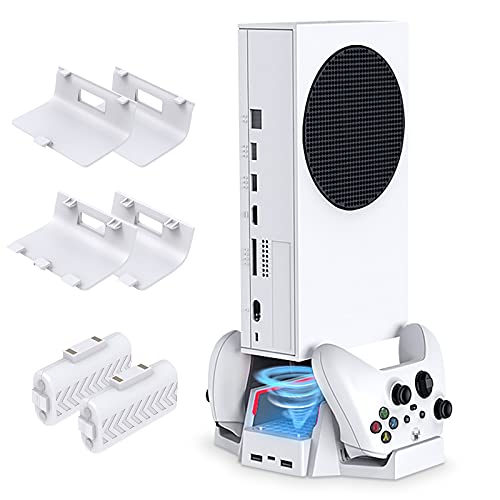 Upgraded Cooling Stand for Xbox Series S with Dual Cooling Fan 3 Level Adjustable Speed, Dual Controller Charger with LED Indicator USB Port -800mAh Rechargeable Battery Pack for XSX|S/One S/One X/One
