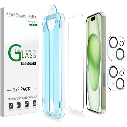 amFilm OneTouch 2+2 Pack for iPhone 15 Plus 6.7' Screen Protector Tempered Glass with Camera Lens Protector, Easiest Premium Installation Kit, Bubble Free, Case Friendly, 9H Hardness, Anti-Scratch