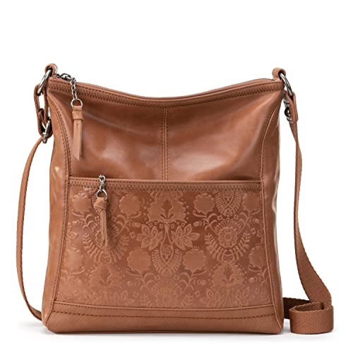 The Sak Womens Iris Crossbody in Leather Casual Purse With Adjustable Strap Zipper Pockets, Tobacco Floral Embossed, One Size US