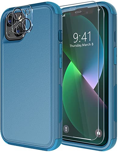 Diverbox for iPhone 13 Case [Shockproof] [Dropproof] [Tempered Glass Screen Protector + Camera Lens Protector],Heavy Duty Protection Phone Case Cover for Apple iPhone 13 (Blue)