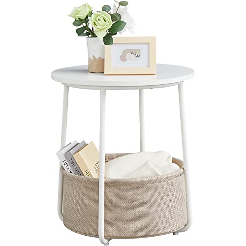 VASAGLE Small Round Side End Table, Modern Nightstand with Fabric Basket, Classic White, Sand Beige, 1 Count