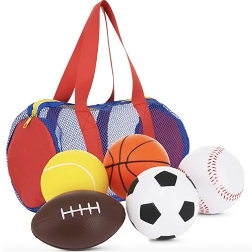 Neliblu Foam Sports Toys with Bag, Set of 5 – Includes Soccer Ball, Basketball, Football, Baseball and Tennis Ball - Suitable for Baby's Small Hands to Grab - Balls for Kids and Toddlers Ages 1-3
