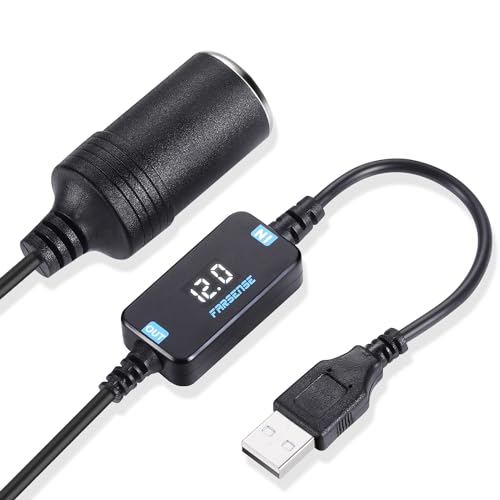 FARSENSE USB A to 12V Cigarette Lighter Adapter - USB DC 5V to 12V Step Up Car Cigarette Lighter Socket Female Converter Cable（3FT Supports Voltage Display,for Dash Cam, GPS,Driving Recorder,Etc