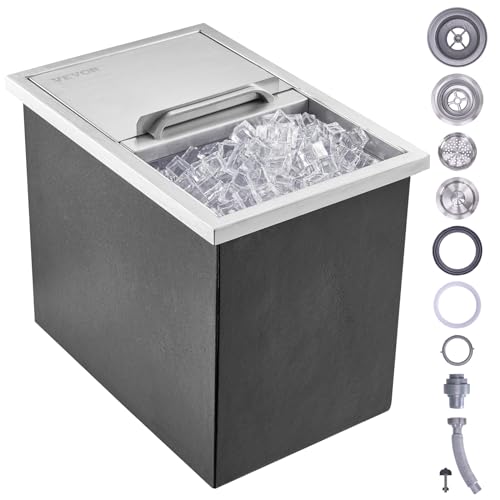 VEVOR Drop in Ice Chest, 18'L x 12'W x 14.5'H Stainless Steel Ice Cooler, Commercial Ice Bin with Sliding Cover, 40.9 qt Outdoor Kitchen Ice Bar, Drain-pipe and Drain Plug Included, for Cold Wine Beer